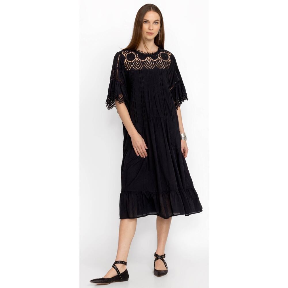 Johnny Was Karolina Midi Dress Black Lace Cotton Boho Size M
